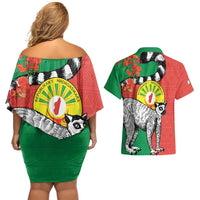 Happy Madagascar Independence Day Couples Matching Off Shoulder Short Dress and Hawaiian Shirt Ring-Tailed Lemur With Seal Of Madagasikara