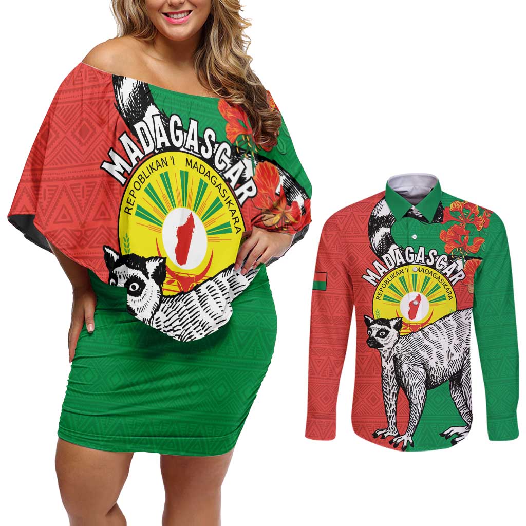 Happy Madagascar Independence Day Couples Matching Off Shoulder Short Dress and Long Sleeve Button Shirt Ring-Tailed Lemur With Seal Of Madagasikara