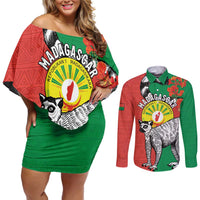 Happy Madagascar Independence Day Couples Matching Off Shoulder Short Dress and Long Sleeve Button Shirt Ring-Tailed Lemur With Seal Of Madagasikara