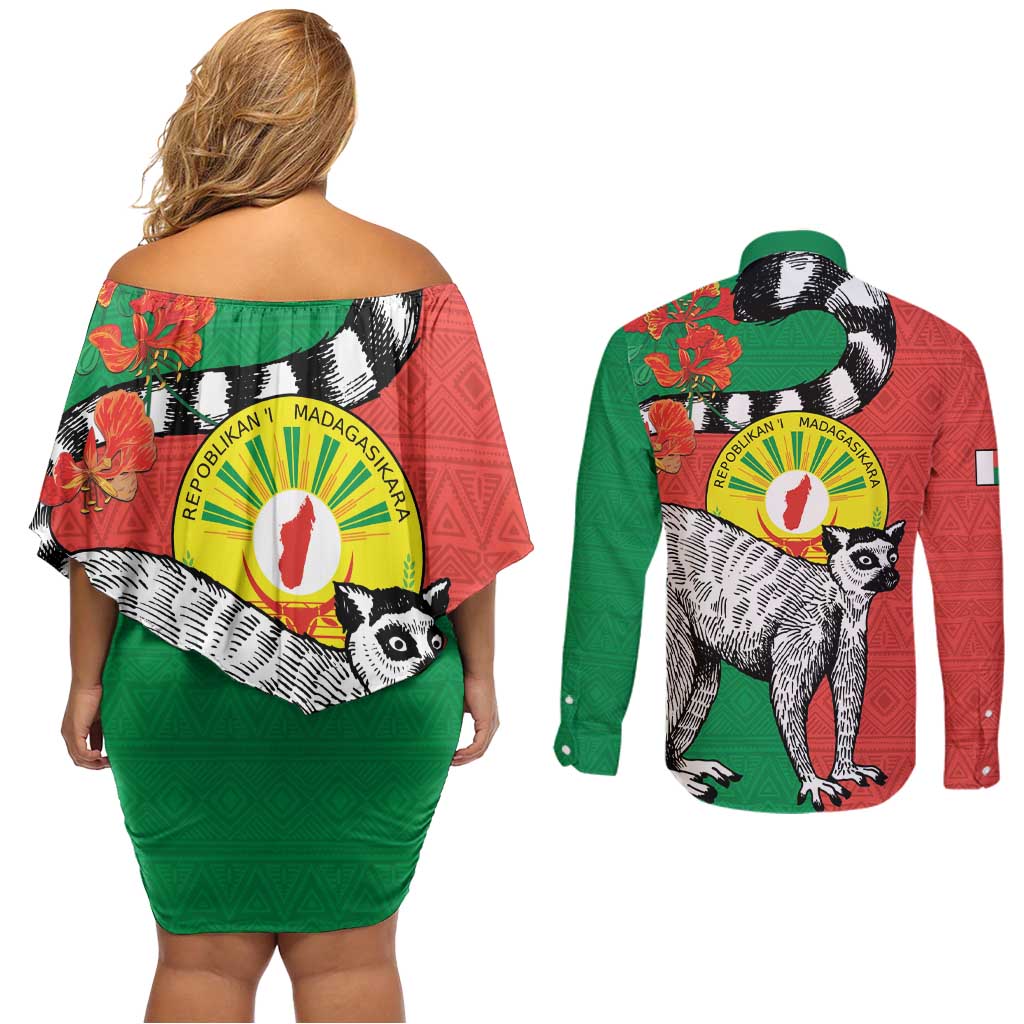 Happy Madagascar Independence Day Couples Matching Off Shoulder Short Dress and Long Sleeve Button Shirt Ring-Tailed Lemur With Seal Of Madagasikara