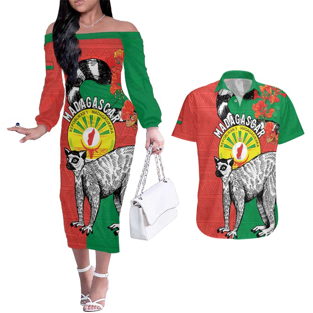 Happy Madagascar Independence Day Couples Matching Off The Shoulder Long Sleeve Dress and Hawaiian Shirt Ring-Tailed Lemur With Seal Of Madagasikara