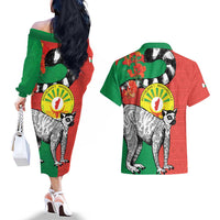 Happy Madagascar Independence Day Couples Matching Off The Shoulder Long Sleeve Dress and Hawaiian Shirt Ring-Tailed Lemur With Seal Of Madagasikara