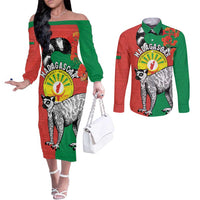 Happy Madagascar Independence Day Couples Matching Off The Shoulder Long Sleeve Dress and Long Sleeve Button Shirt Ring-Tailed Lemur With Seal Of Madagasikara