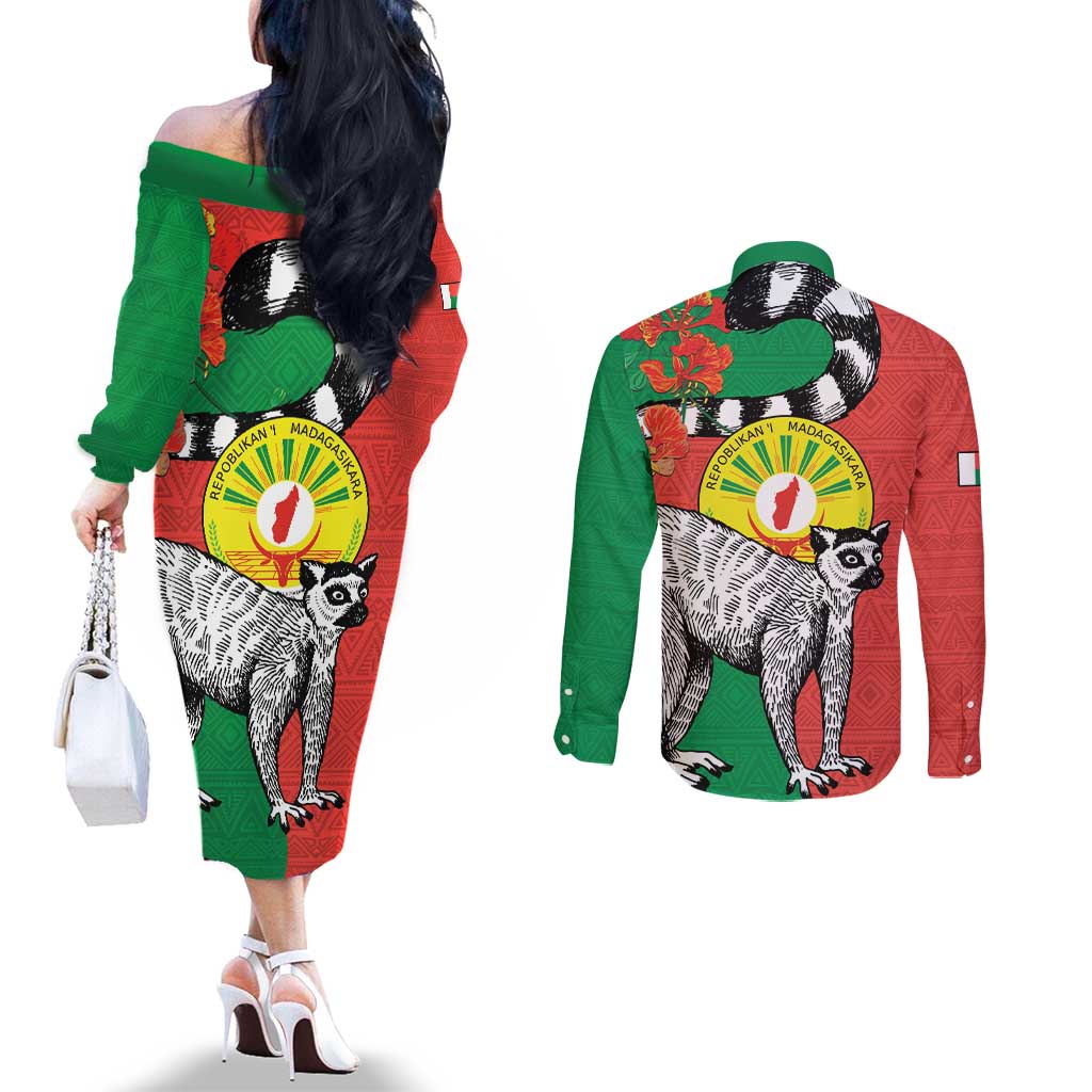 Happy Madagascar Independence Day Couples Matching Off The Shoulder Long Sleeve Dress and Long Sleeve Button Shirt Ring-Tailed Lemur With Seal Of Madagasikara
