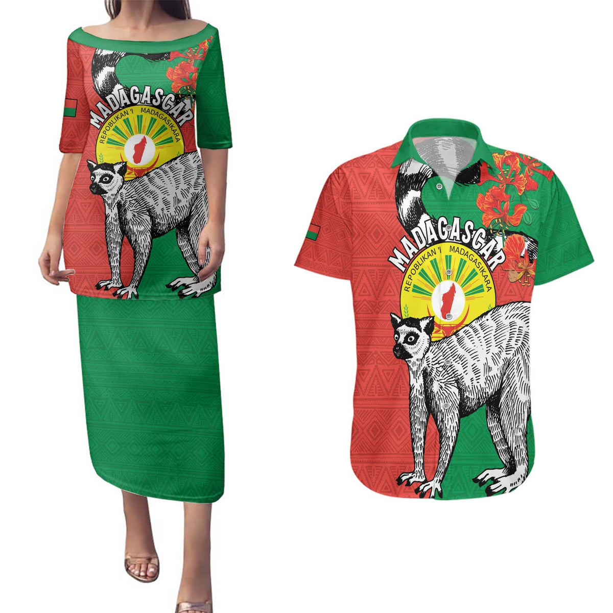 Happy Madagascar Independence Day Couples Matching Puletasi and Hawaiian Shirt Ring-Tailed Lemur With Seal Of Madagasikara