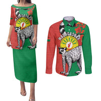Happy Madagascar Independence Day Couples Matching Puletasi and Long Sleeve Button Shirt Ring-Tailed Lemur With Seal Of Madagasikara