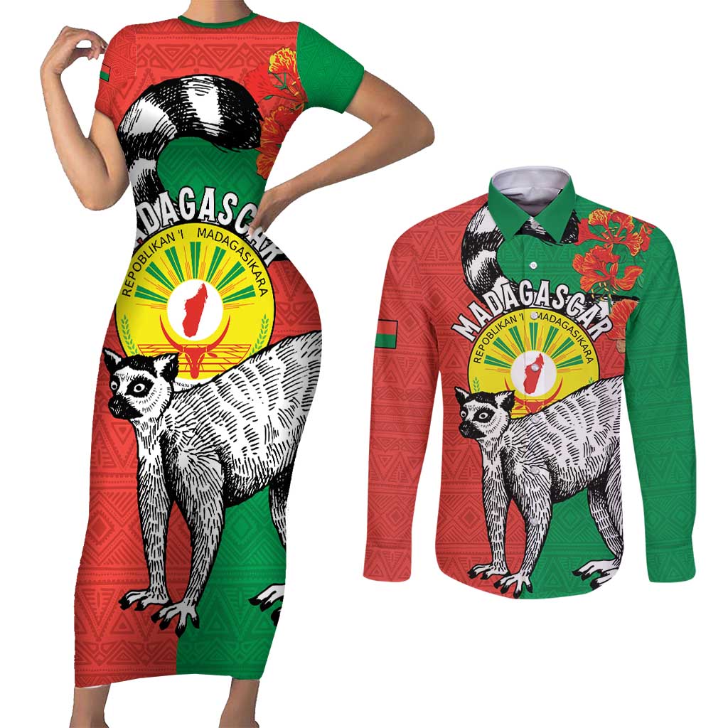 Happy Madagascar Independence Day Couples Matching Short Sleeve Bodycon Dress and Long Sleeve Button Shirt Ring-Tailed Lemur With Seal Of Madagasikara
