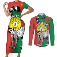 Happy Madagascar Independence Day Couples Matching Short Sleeve Bodycon Dress and Long Sleeve Button Shirt Ring-Tailed Lemur With Seal Of Madagasikara