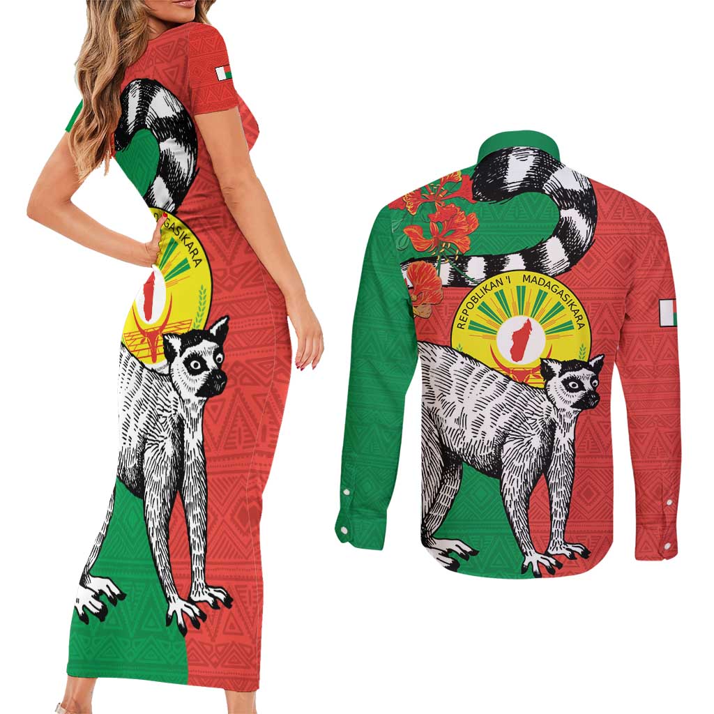 Happy Madagascar Independence Day Couples Matching Short Sleeve Bodycon Dress and Long Sleeve Button Shirt Ring-Tailed Lemur With Seal Of Madagasikara