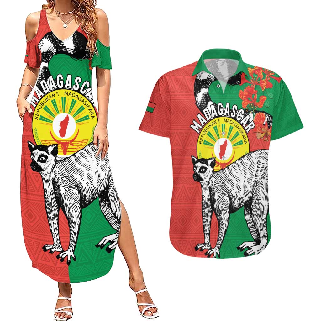 Happy Madagascar Independence Day Couples Matching Summer Maxi Dress and Hawaiian Shirt Ring-Tailed Lemur With Seal Of Madagasikara