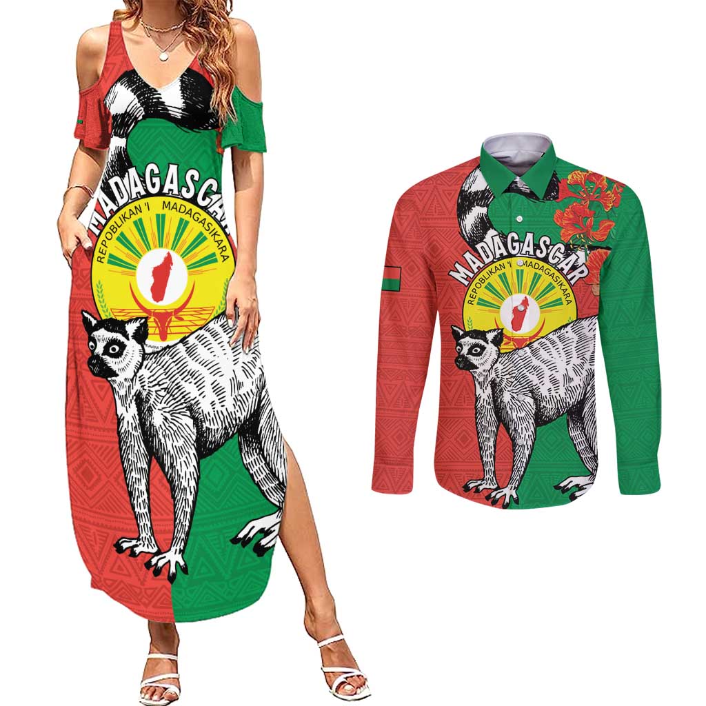 Happy Madagascar Independence Day Couples Matching Summer Maxi Dress and Long Sleeve Button Shirt Ring-Tailed Lemur With Seal Of Madagasikara