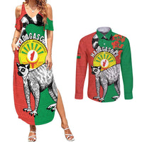 Happy Madagascar Independence Day Couples Matching Summer Maxi Dress and Long Sleeve Button Shirt Ring-Tailed Lemur With Seal Of Madagasikara