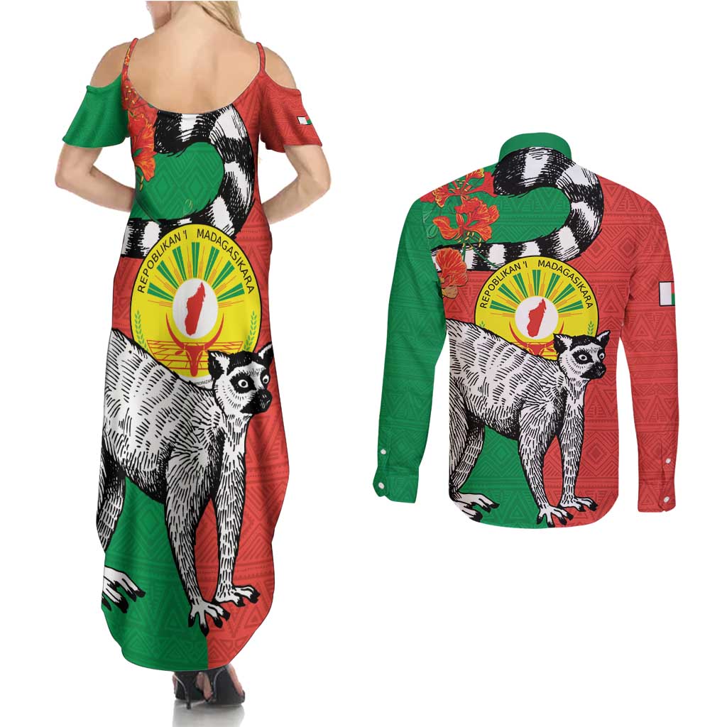 Happy Madagascar Independence Day Couples Matching Summer Maxi Dress and Long Sleeve Button Shirt Ring-Tailed Lemur With Seal Of Madagasikara