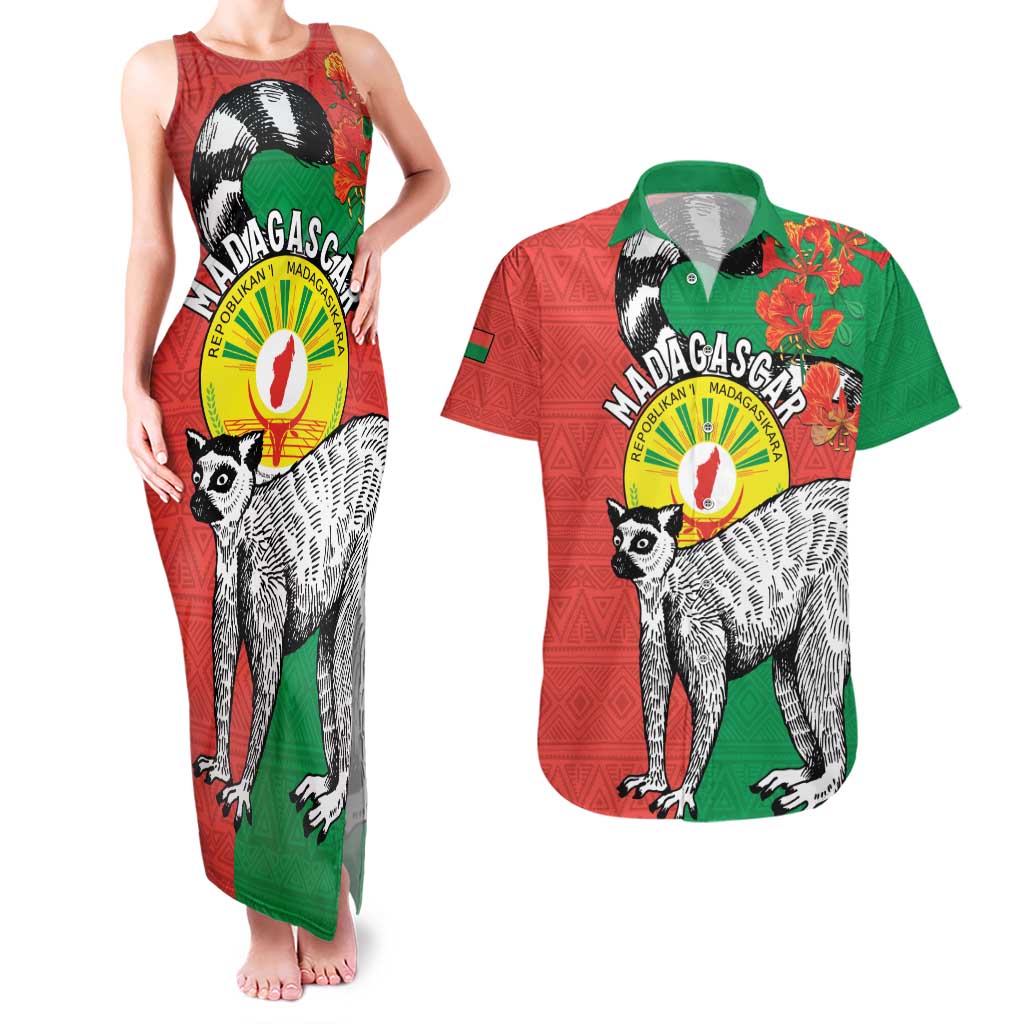 Happy Madagascar Independence Day Couples Matching Tank Maxi Dress and Hawaiian Shirt Ring-Tailed Lemur With Seal Of Madagasikara