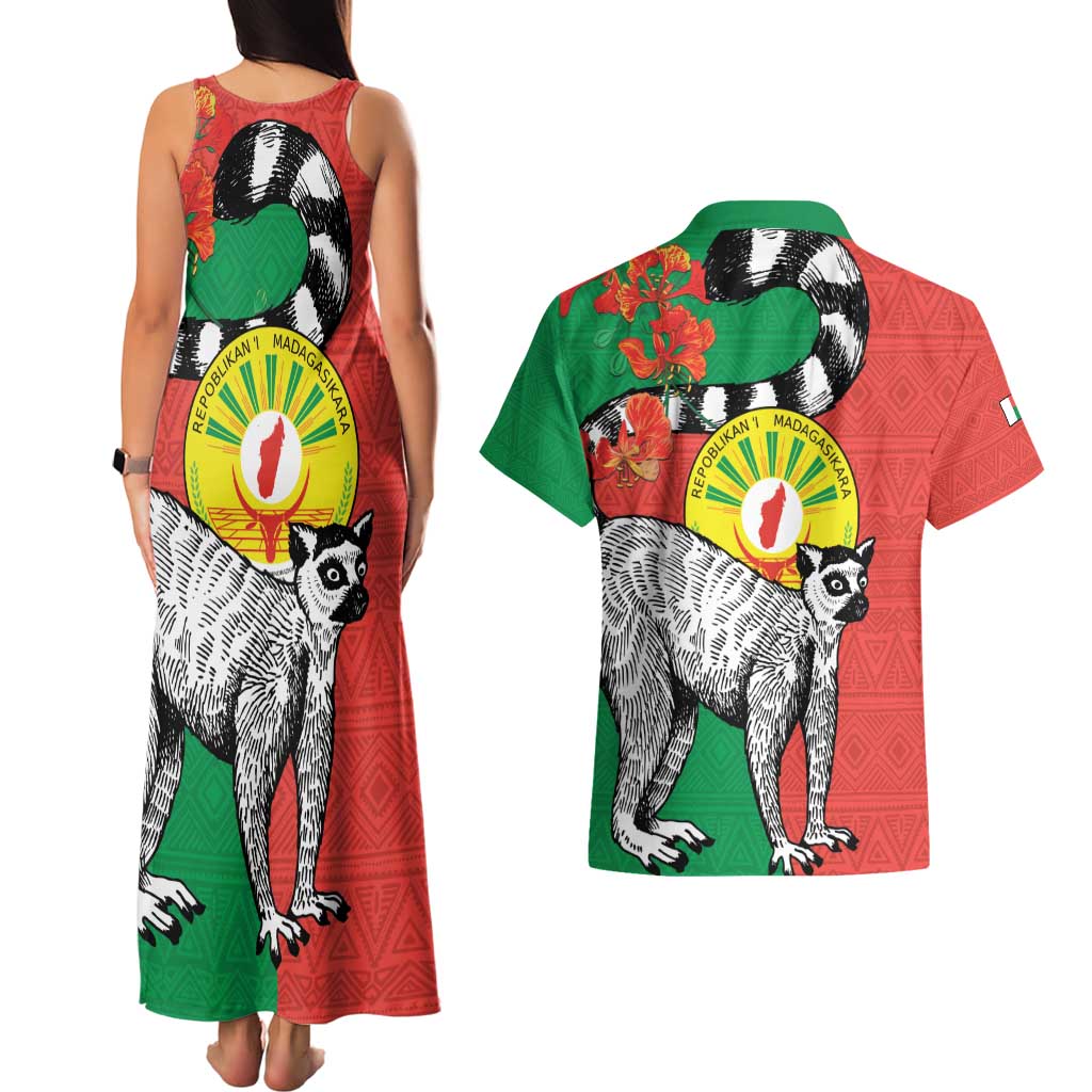Happy Madagascar Independence Day Couples Matching Tank Maxi Dress and Hawaiian Shirt Ring-Tailed Lemur With Seal Of Madagasikara