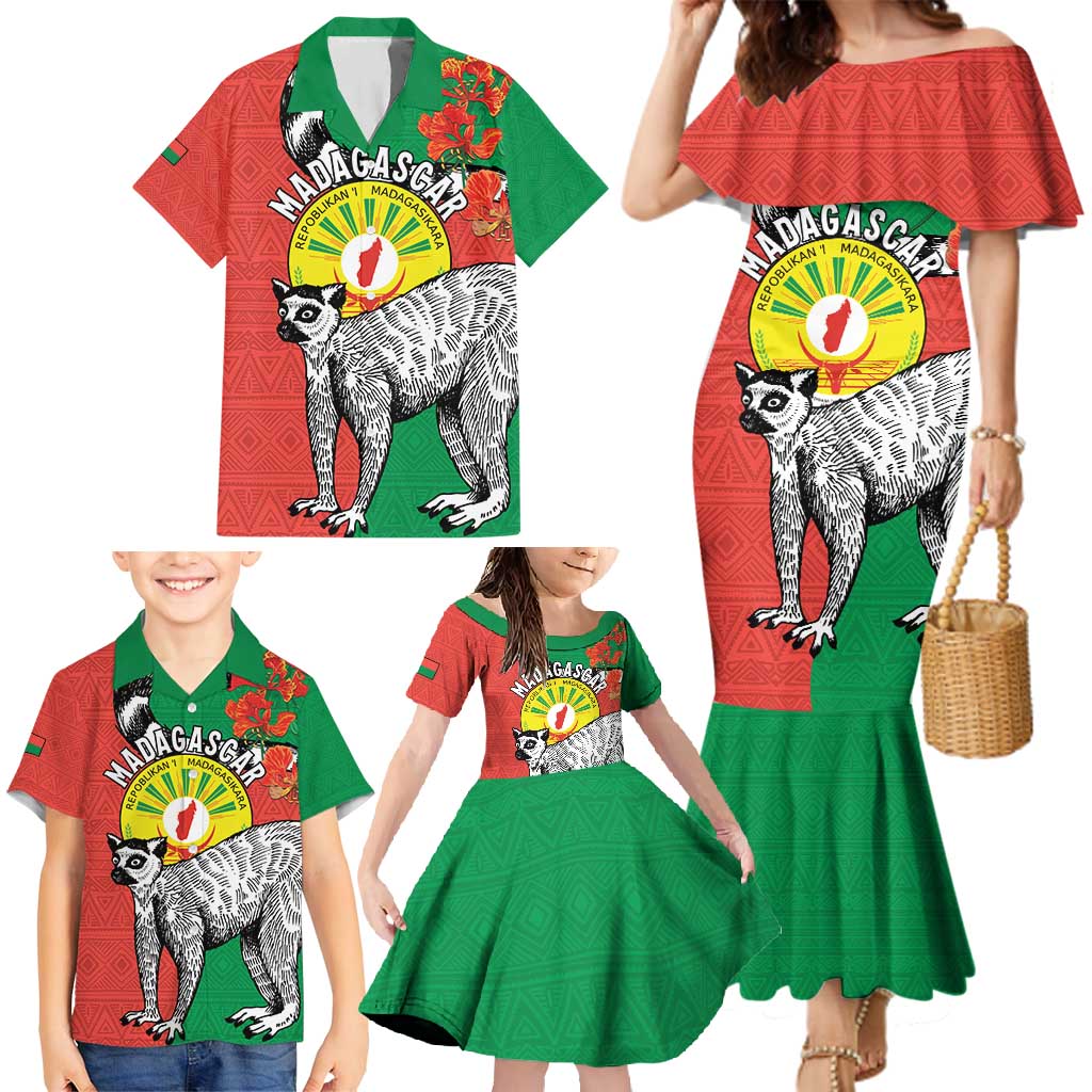 Happy Madagascar Independence Day Family Matching Mermaid Dress and Hawaiian Shirt Ring-Tailed Lemur With Seal Of Madagasikara