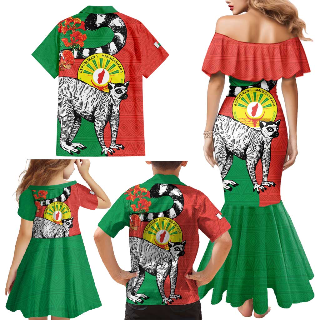 Happy Madagascar Independence Day Family Matching Mermaid Dress and Hawaiian Shirt Ring-Tailed Lemur With Seal Of Madagasikara