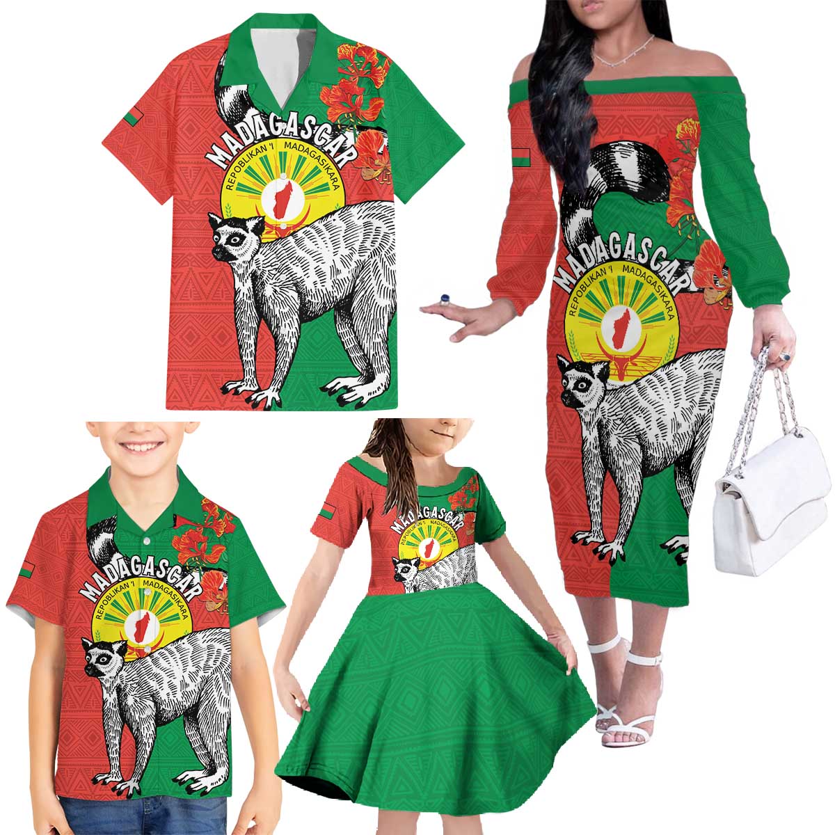 Happy Madagascar Independence Day Family Matching Off The Shoulder Long Sleeve Dress and Hawaiian Shirt Ring-Tailed Lemur With Seal Of Madagasikara