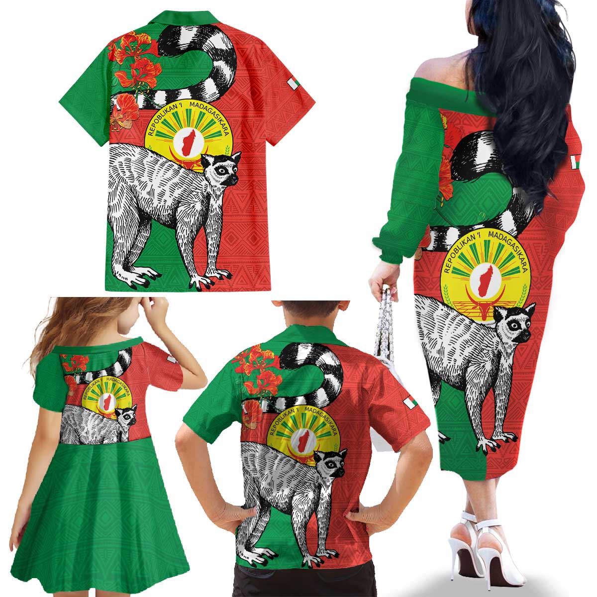 Happy Madagascar Independence Day Family Matching Off The Shoulder Long Sleeve Dress and Hawaiian Shirt Ring-Tailed Lemur With Seal Of Madagasikara