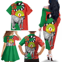 Happy Madagascar Independence Day Family Matching Off The Shoulder Long Sleeve Dress and Hawaiian Shirt Ring-Tailed Lemur With Seal Of Madagasikara