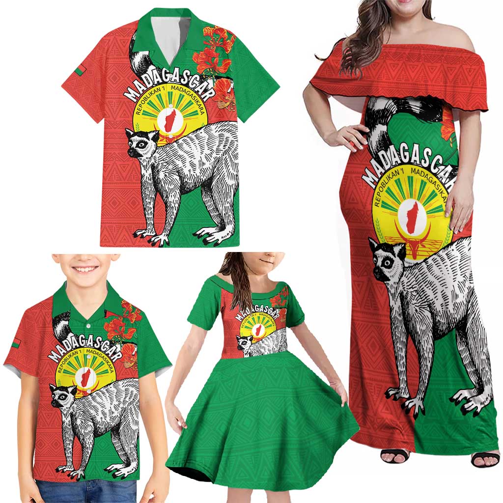 Happy Madagascar Independence Day Family Matching Off Shoulder Maxi Dress and Hawaiian Shirt Ring-Tailed Lemur With Seal Of Madagasikara