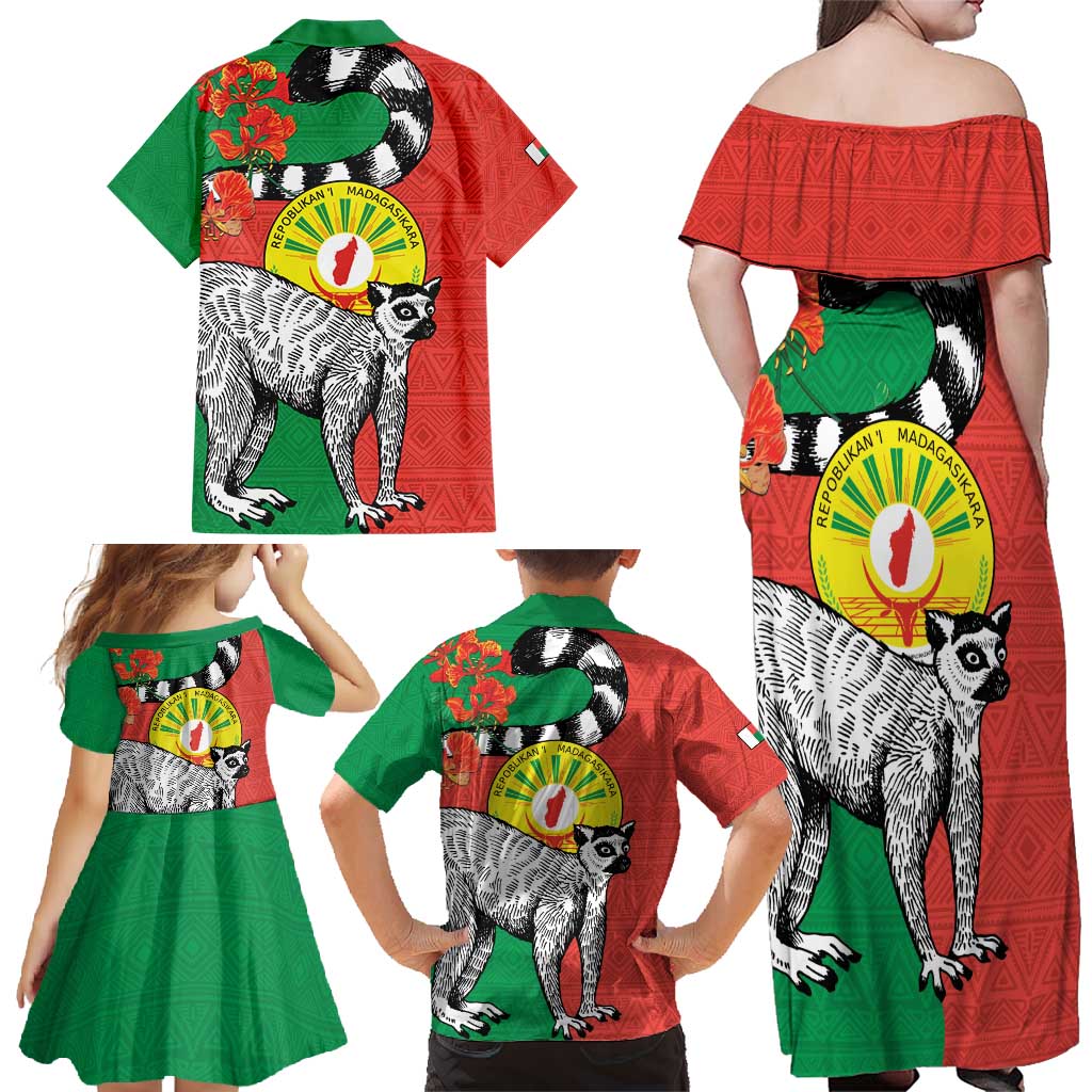 Happy Madagascar Independence Day Family Matching Off Shoulder Maxi Dress and Hawaiian Shirt Ring-Tailed Lemur With Seal Of Madagasikara