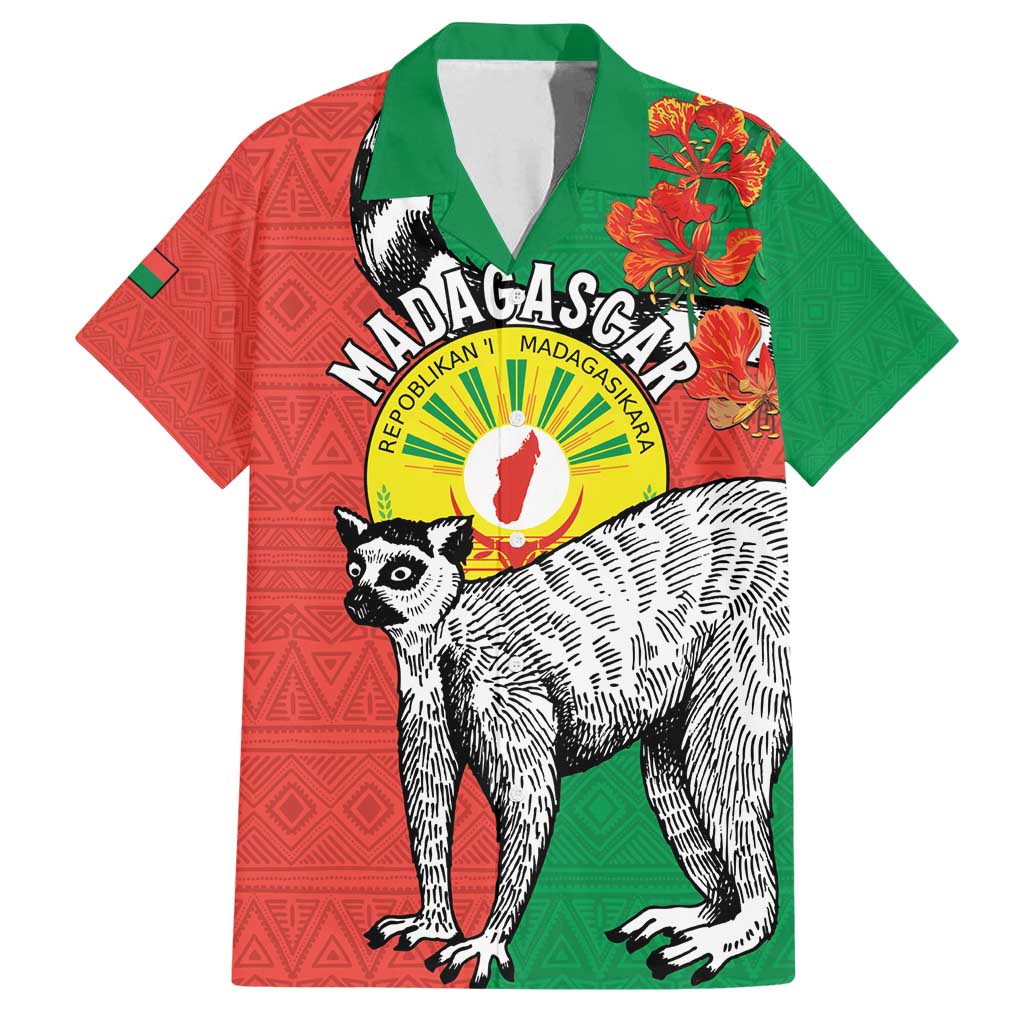 Happy Madagascar Independence Day Family Matching Off Shoulder Maxi Dress and Hawaiian Shirt Ring-Tailed Lemur With Seal Of Madagasikara