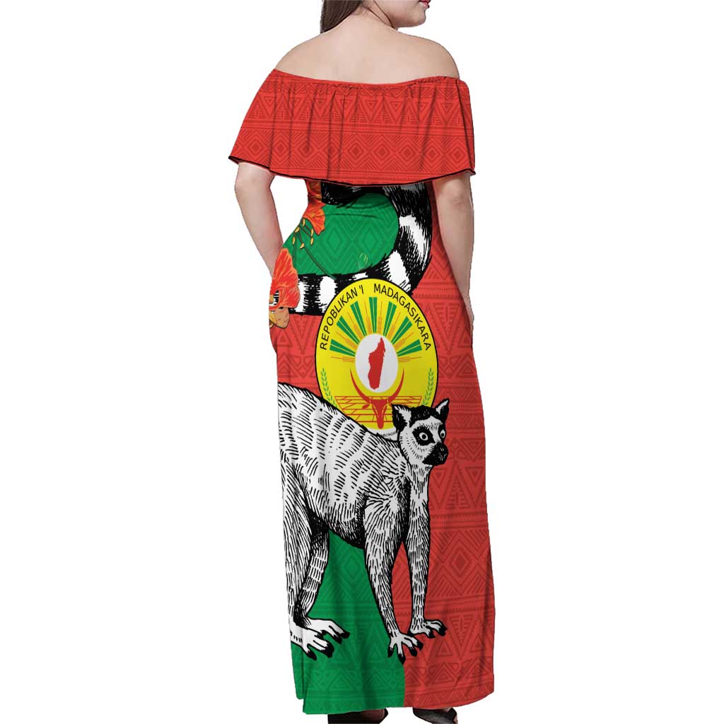Happy Madagascar Independence Day Family Matching Off Shoulder Maxi Dress and Hawaiian Shirt Ring-Tailed Lemur With Seal Of Madagasikara