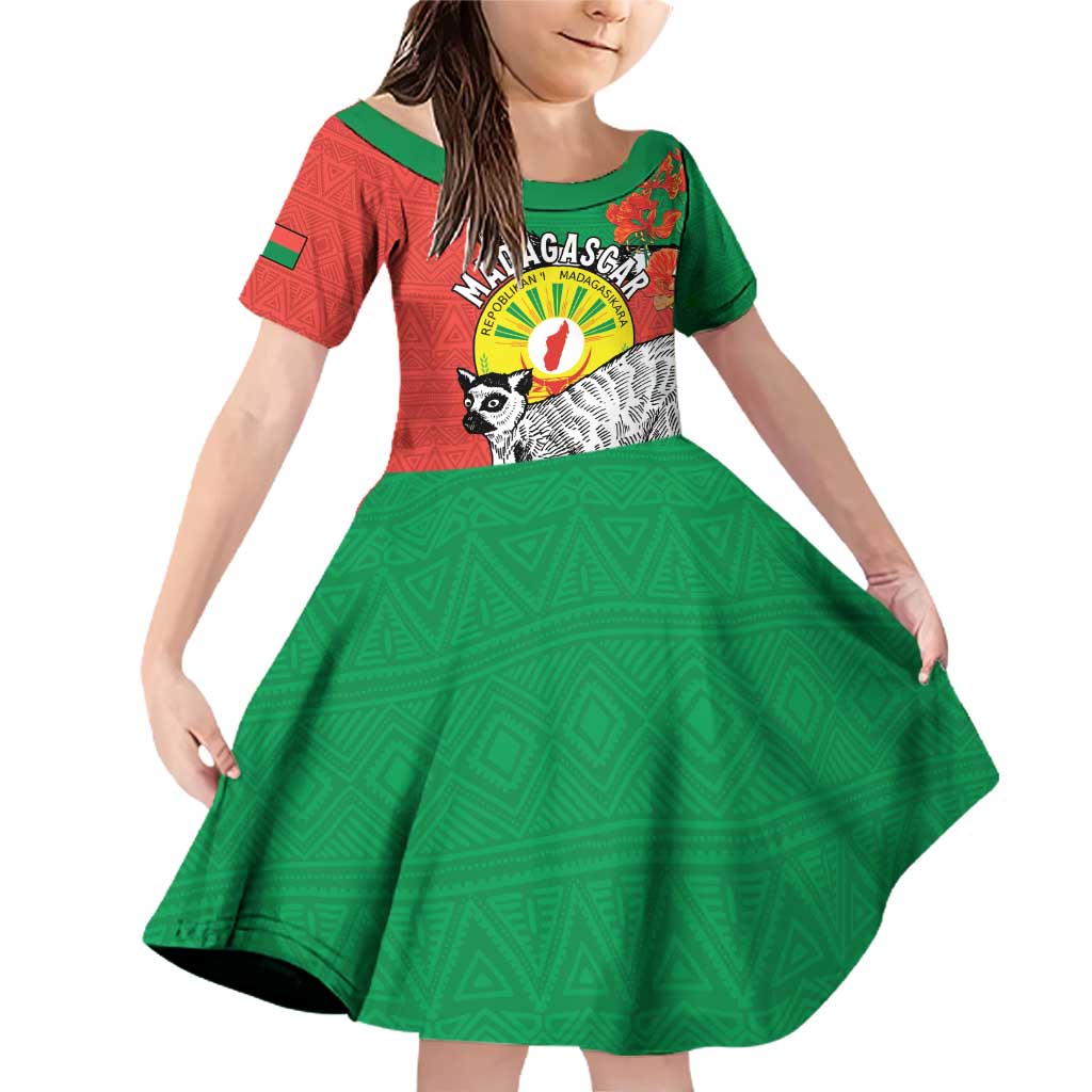 Happy Madagascar Independence Day Family Matching Off Shoulder Short Dress and Hawaiian Shirt Ring-Tailed Lemur With Seal Of Madagasikara