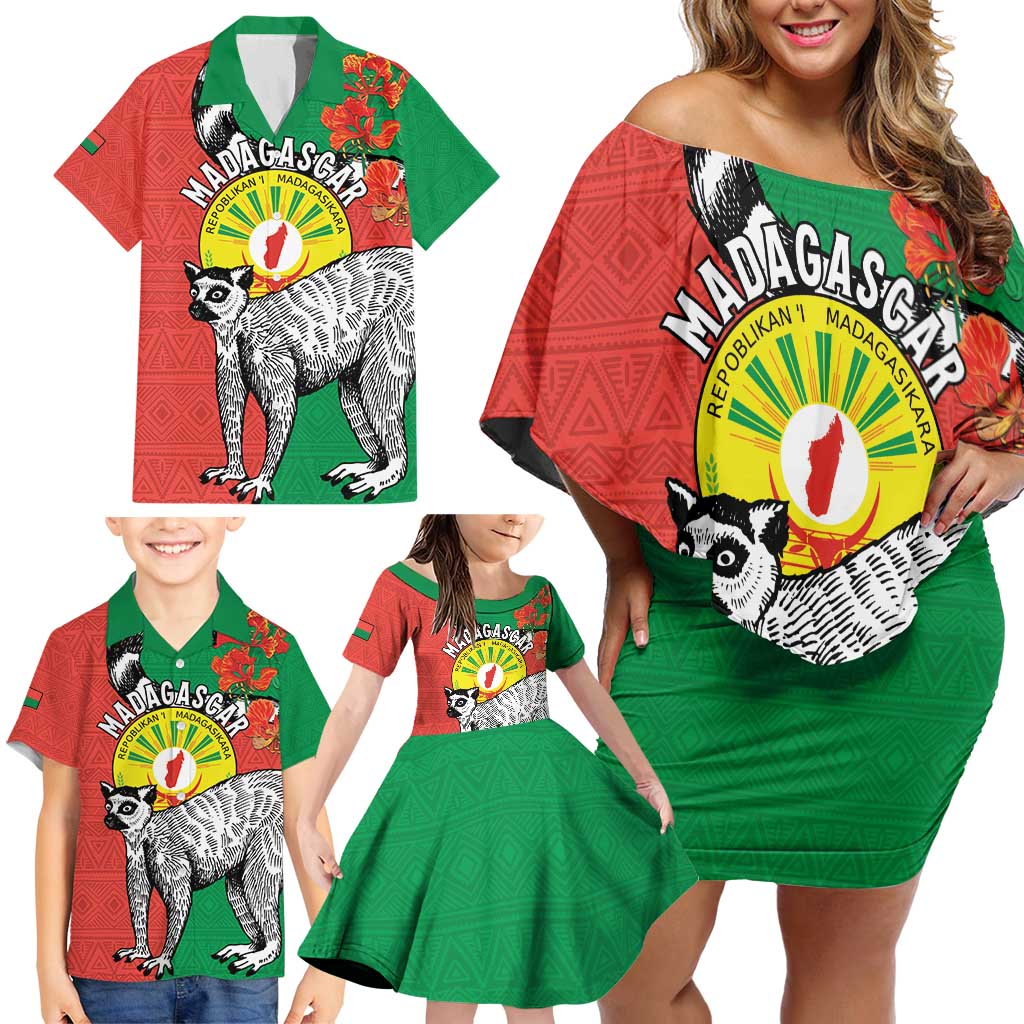 Happy Madagascar Independence Day Family Matching Off Shoulder Short Dress and Hawaiian Shirt Ring-Tailed Lemur With Seal Of Madagasikara