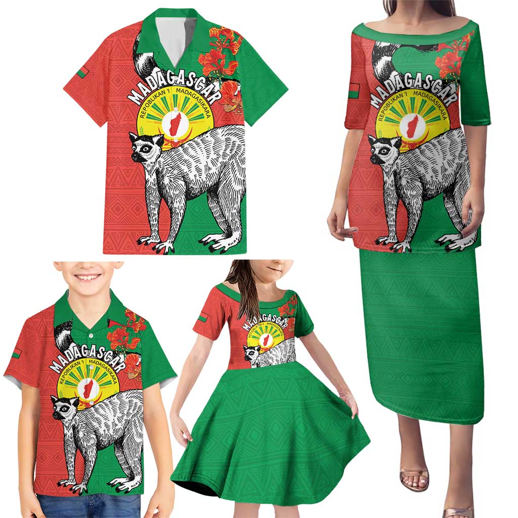Happy Madagascar Independence Day Family Matching Puletasi and Hawaiian Shirt Ring-Tailed Lemur With Seal Of Madagasikara