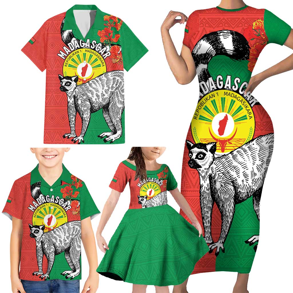 Happy Madagascar Independence Day Family Matching Short Sleeve Bodycon Dress and Hawaiian Shirt Ring-Tailed Lemur With Seal Of Madagasikara
