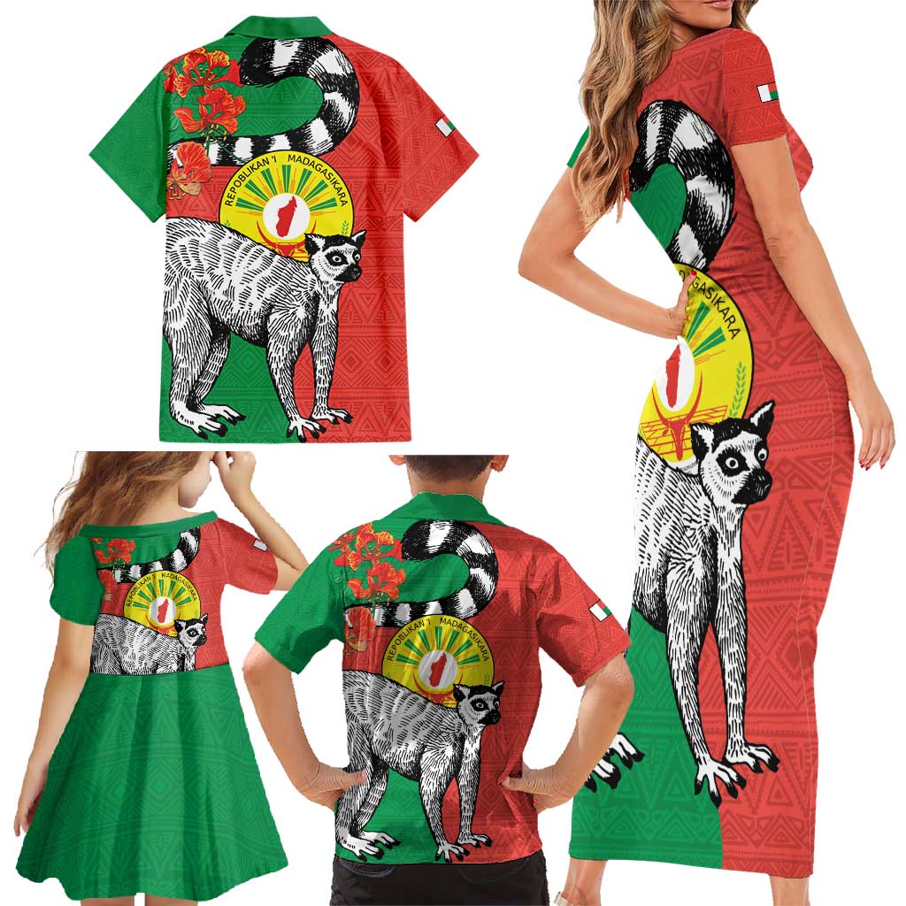Happy Madagascar Independence Day Family Matching Short Sleeve Bodycon Dress and Hawaiian Shirt Ring-Tailed Lemur With Seal Of Madagasikara