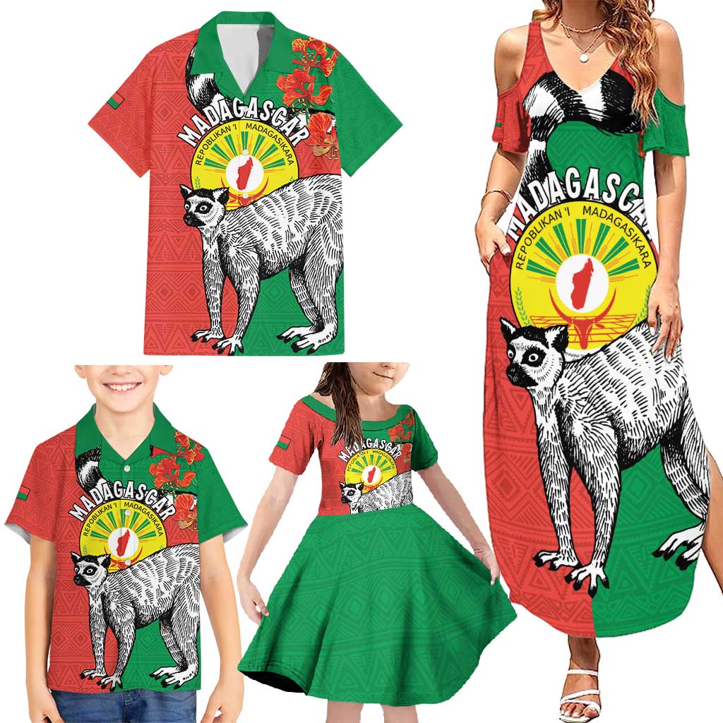 Happy Madagascar Independence Day Family Matching Summer Maxi Dress and Hawaiian Shirt Ring-Tailed Lemur With Seal Of Madagasikara