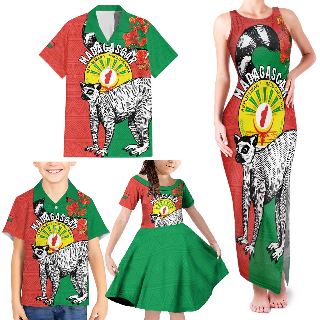 Happy Madagascar Independence Day Family Matching Tank Maxi Dress and Hawaiian Shirt Ring-Tailed Lemur With Seal Of Madagasikara