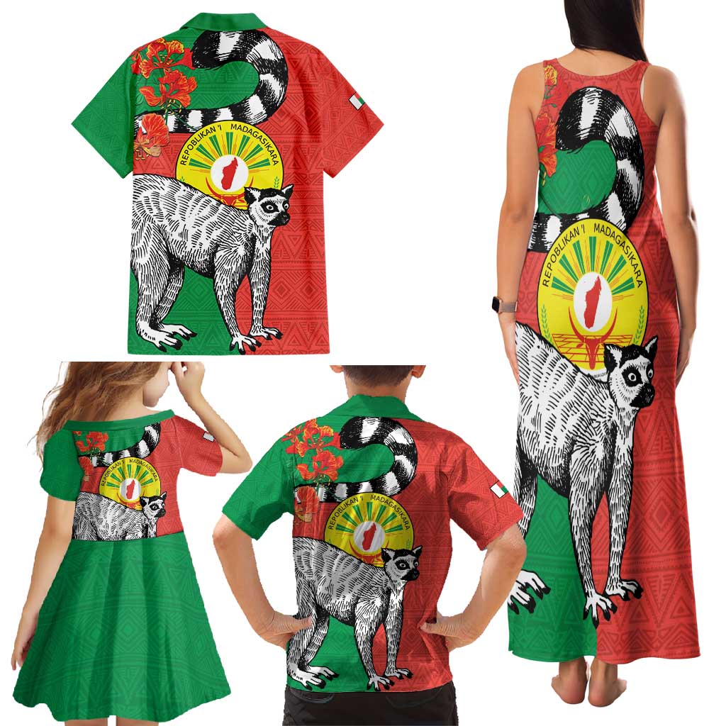 Happy Madagascar Independence Day Family Matching Tank Maxi Dress and Hawaiian Shirt Ring-Tailed Lemur With Seal Of Madagasikara