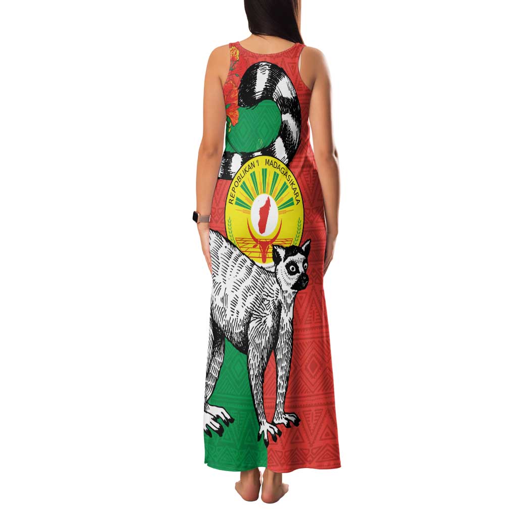 Happy Madagascar Independence Day Family Matching Tank Maxi Dress and Hawaiian Shirt Ring-Tailed Lemur With Seal Of Madagasikara