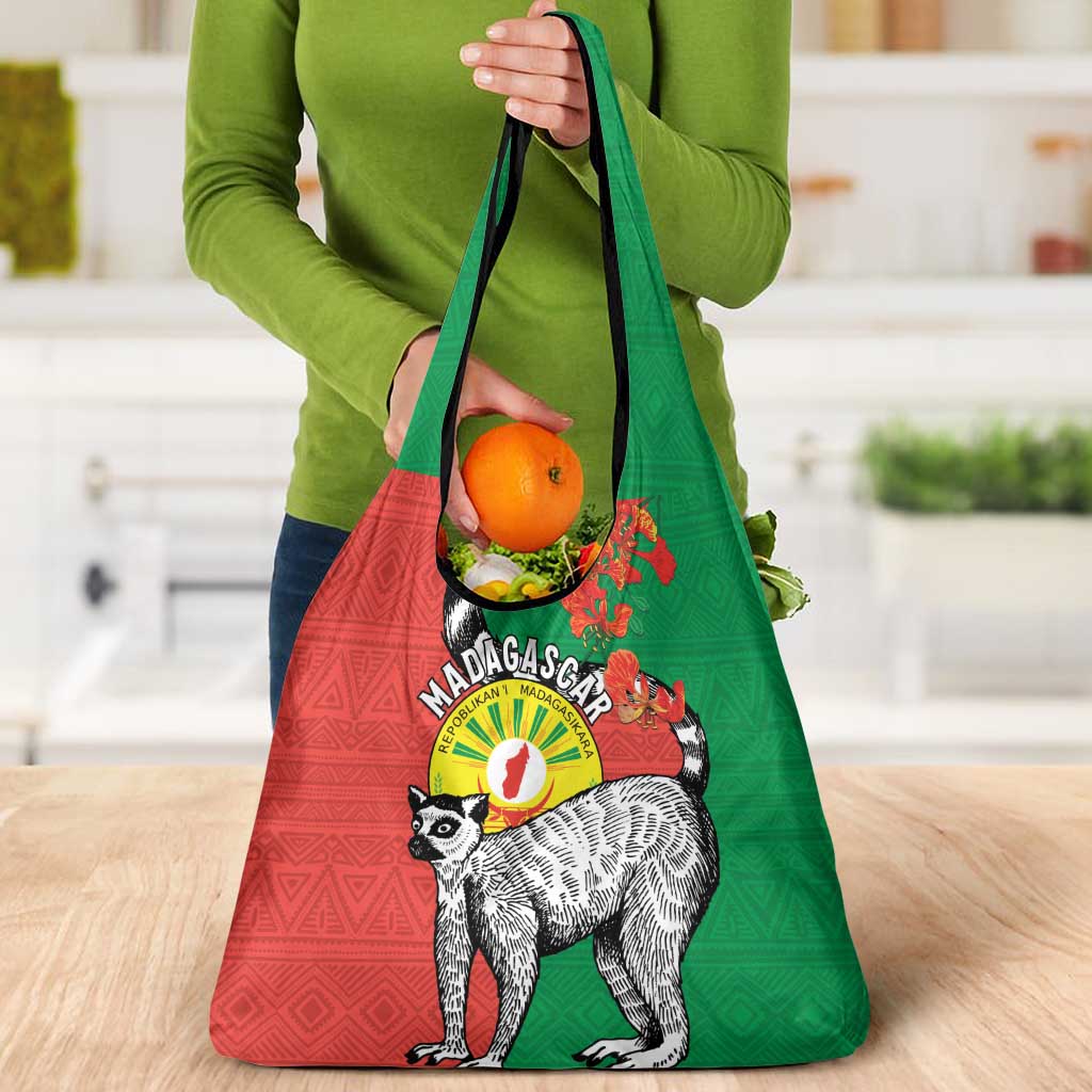 Happy Madagascar Independence Day Grocery Bag Ring-Tailed Lemur With Seal Of Madagasikara