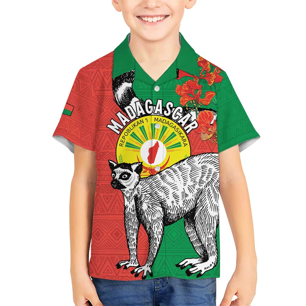 Happy Madagascar Independence Day Kid Hawaiian Shirt Ring-Tailed Lemur With Seal Of Madagasikara