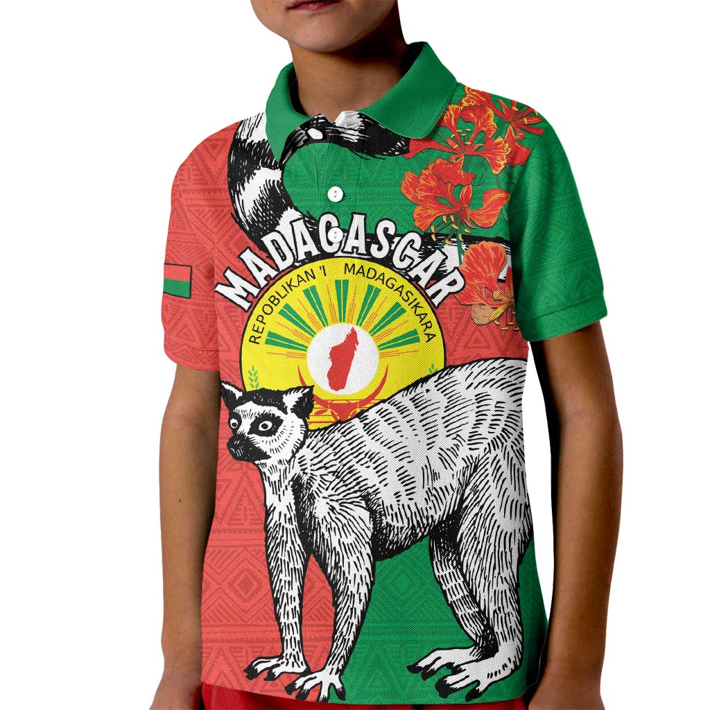Happy Madagascar Independence Day Kid Polo Shirt Ring-Tailed Lemur With Seal Of Madagasikara