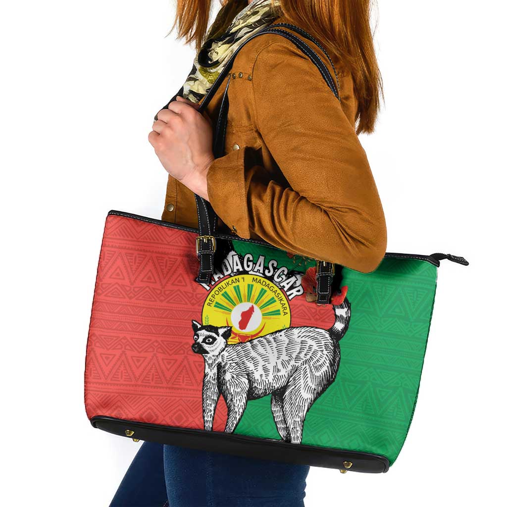 Happy Madagascar Independence Day Leather Tote Bag Ring-Tailed Lemur With Seal Of Madagasikara