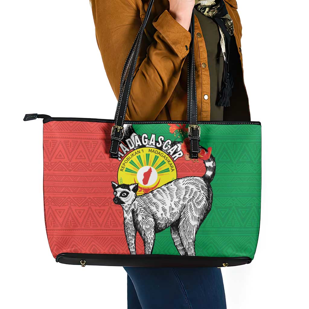 Happy Madagascar Independence Day Leather Tote Bag Ring-Tailed Lemur With Seal Of Madagasikara