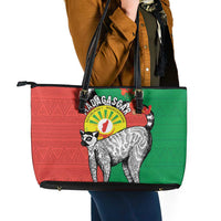 Happy Madagascar Independence Day Leather Tote Bag Ring-Tailed Lemur With Seal Of Madagasikara