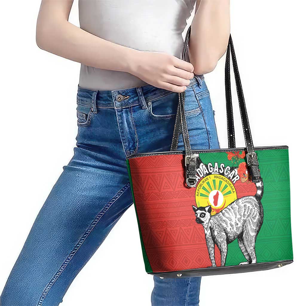 Happy Madagascar Independence Day Leather Tote Bag Ring-Tailed Lemur With Seal Of Madagasikara