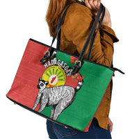 Happy Madagascar Independence Day Leather Tote Bag Ring-Tailed Lemur With Seal Of Madagasikara