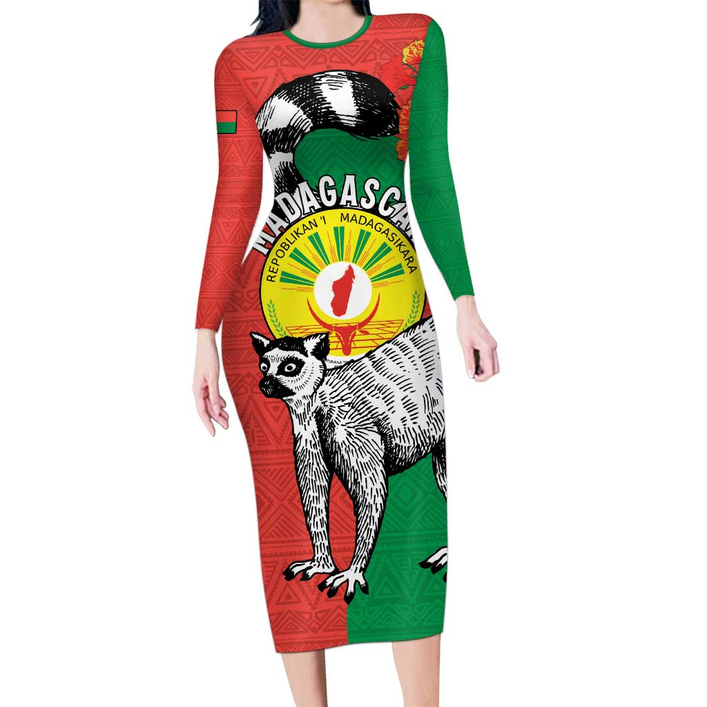 Happy Madagascar Independence Day Long Sleeve Bodycon Dress Ring-Tailed Lemur With Seal Of Madagasikara