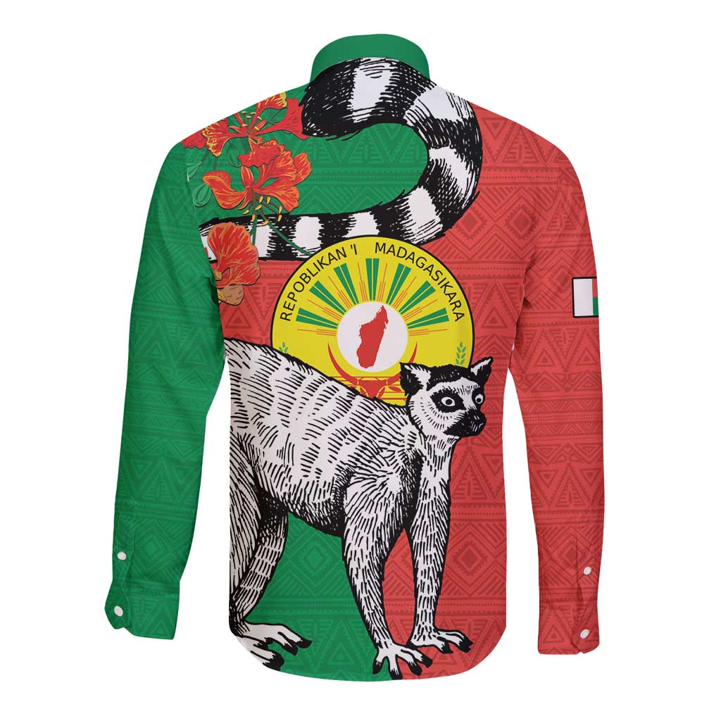 Happy Madagascar Independence Day Long Sleeve Button Shirt Ring-Tailed Lemur With Seal Of Madagasikara