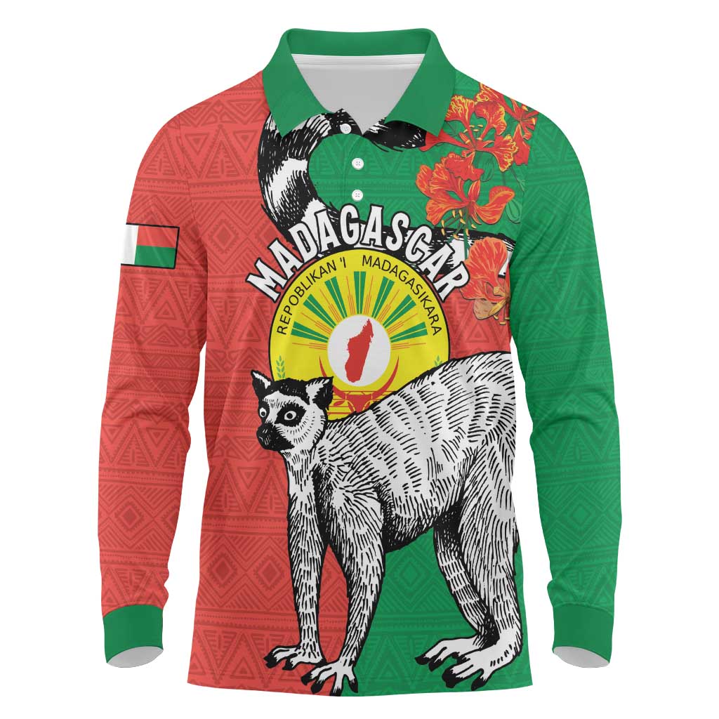 Happy Madagascar Independence Day Long Sleeve Polo Shirt Ring-Tailed Lemur With Seal Of Madagasikara