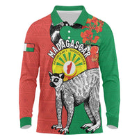 Happy Madagascar Independence Day Long Sleeve Polo Shirt Ring-Tailed Lemur With Seal Of Madagasikara