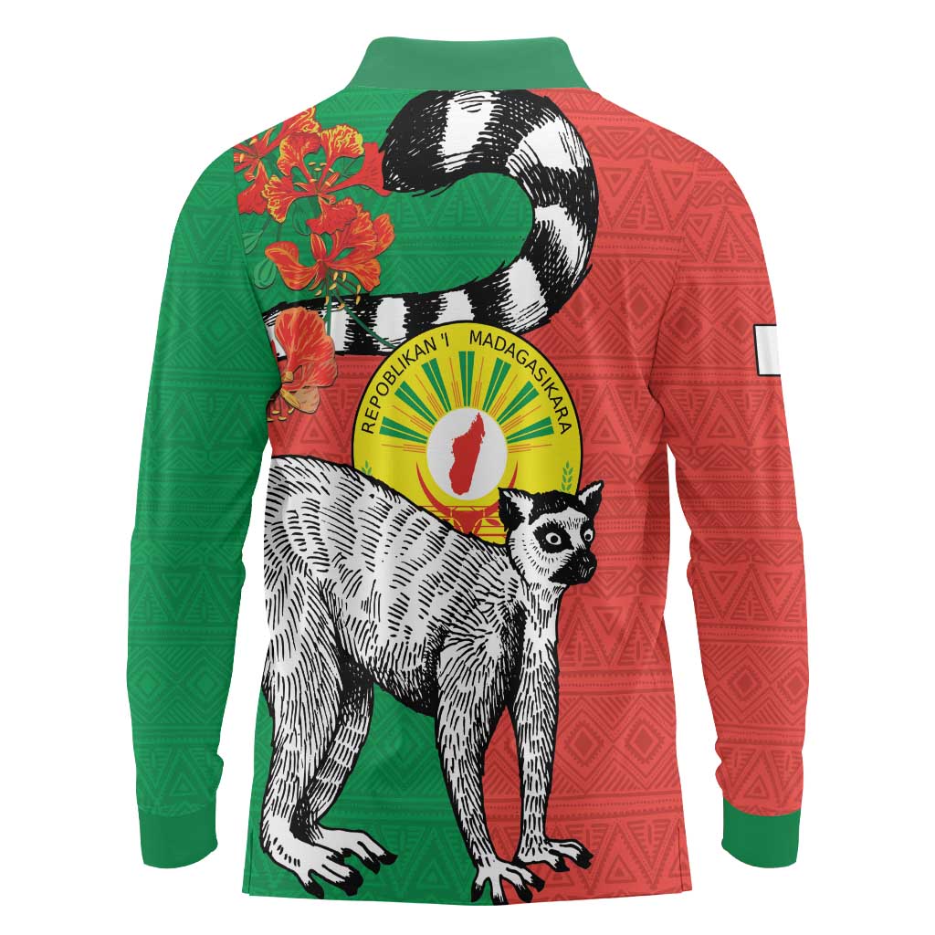 Happy Madagascar Independence Day Long Sleeve Polo Shirt Ring-Tailed Lemur With Seal Of Madagasikara